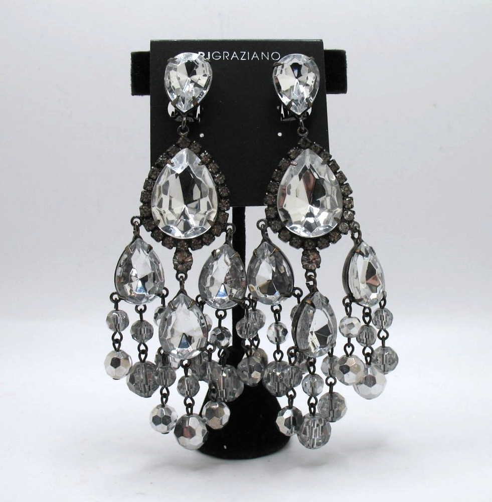 Vintage RJ Graziano clip statement chandelier rhinestone & crystal bead earrings