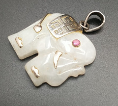 Vintage Jade Elephant Pendant Sterling 925A Fu Good Luck Symbol Faceted Pink Eye