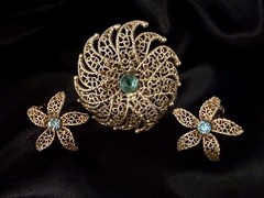Vintage 1960’s Judy Lee Filigree-Rhinestone Flower Brooch & Clip Earrings Set