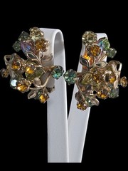 Vintage Judy Lee Goldtone Rhinstone & Clip Earrings Uranium Stones