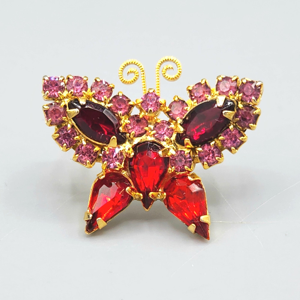 Vintage Petite Butterfly Red Pink Rhinestone Gold Tone Figural Pin Brooch