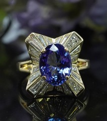 Vintage Tanzanite Baguette Diamond Ballerina 18K Gold Halo Ring Estate 4.3cttw