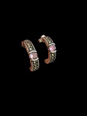 925 Silver Marcasite Amethyst Half Hoop Stud Earrings Vintage