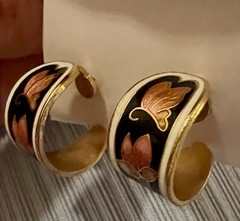 Vintage Cloisonne Enamel Floral Earrings Butterfly Pink Gold Tone J Hoop Post