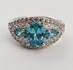Sterling Silver 925 Blue Topaz Aquamarine Halo Pear Oval Gemstone Ring Sz 8 – 5g