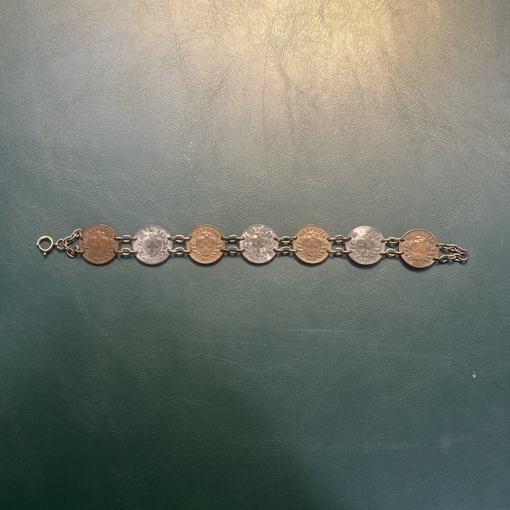 Antique Swiss 2 Rappen Bracelet Vintage Bronze And Zinc Coins WW2 Era