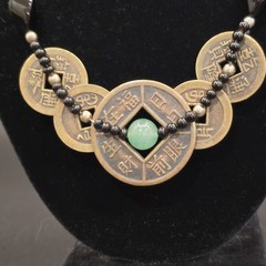 Chinese 5 FULU Coin 23″ Necklace w/Black Onyx/Obsidian Beads & Center Jade Stone