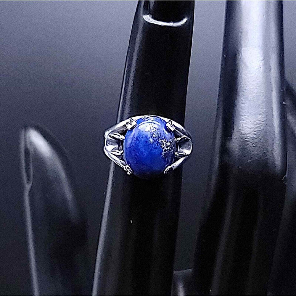 Vintage Sterling Silver Blue Sodalite Cabochon Solitaire Openwork Ring, size 4