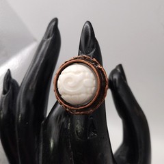 Adjustable Brutilist Style Copper Plated Ring w Vintage Opalescent Carved Stone