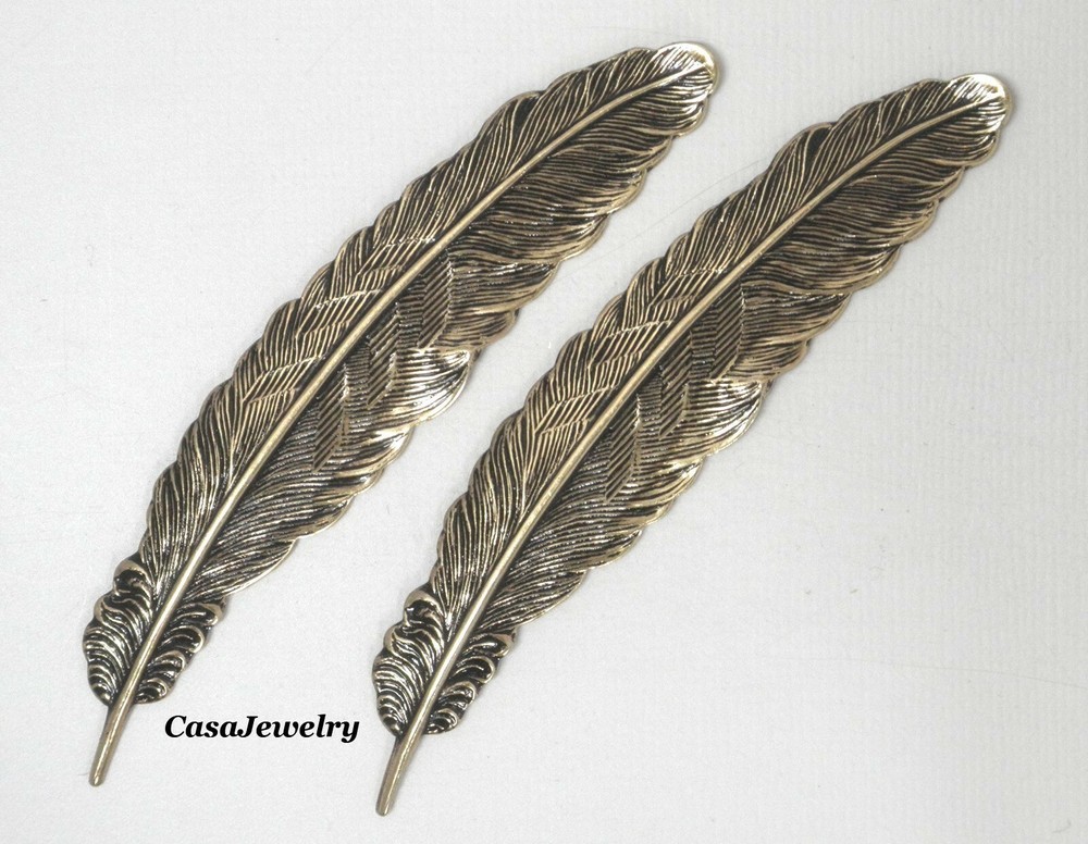 #2174 LONG ANTIQUED GOLD DETAILED FEATHER COMPONENT – 2 Pc Lot