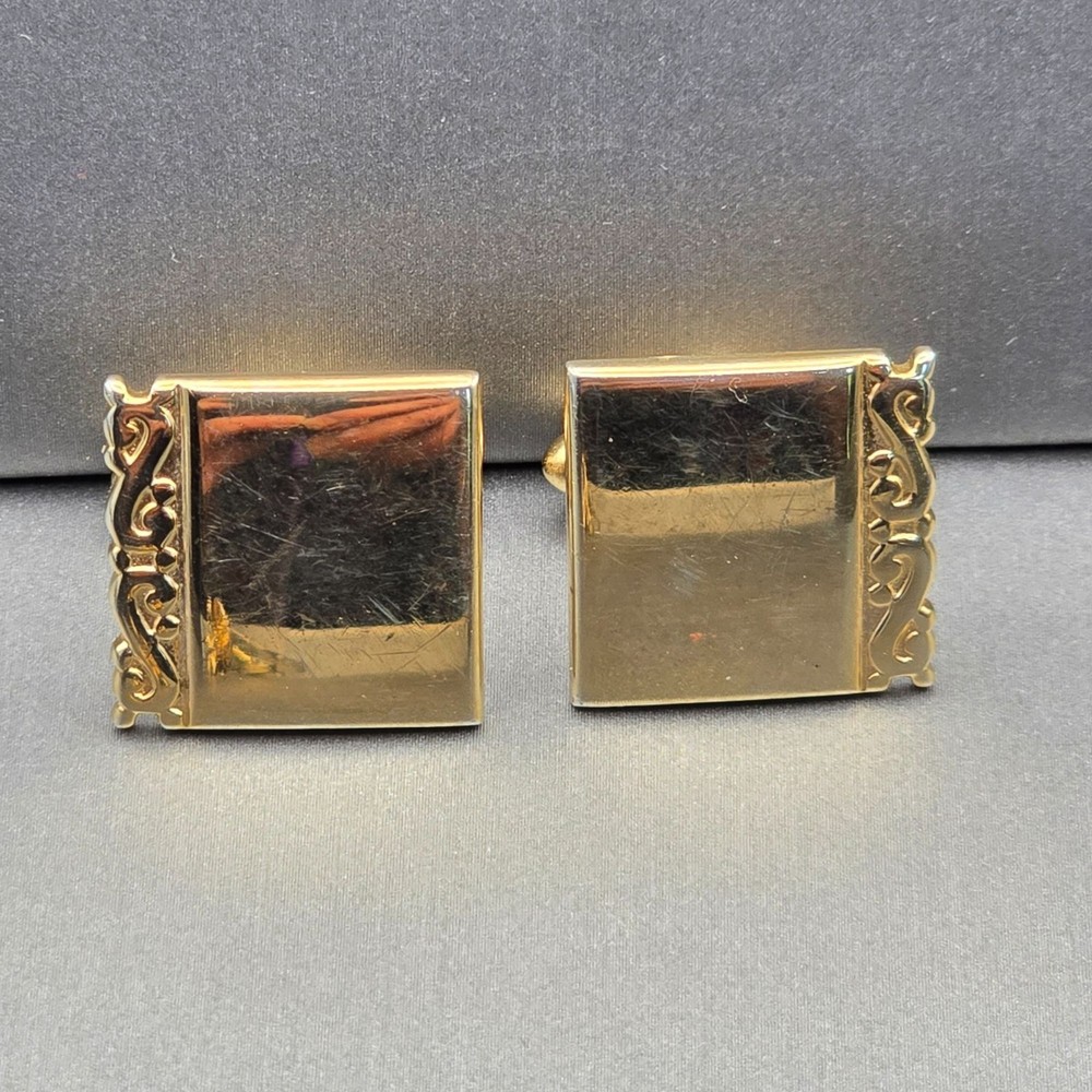VTG Swank Gold-Tone Square Cufflinks .75″ Ornate Scrolled Edge Bullet Back