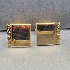 VTG Swank Gold-Tone Square Cufflinks .75″ Ornate Scrolled Edge Bullet Back