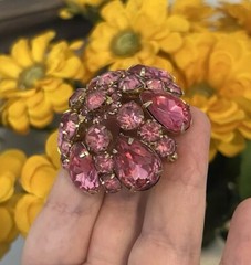 VTG Blush Pink Rhinestone Brooch Pin Big Domed Round Hollywood Regency Style Lg