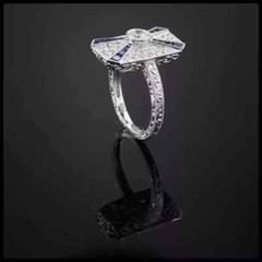 Art Deco Vintage Lab Created Diamond & Sapphire 14K White Gold FN Wedding Ring