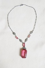 Antique ART DECO Silver Tone PINK CZECH Glass Filigree Necklace