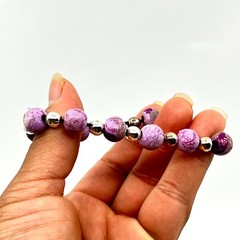 VTG Jilzara Y2K Purple Floral Polymer Clay Bead Stretch Bracelet Silver Accents