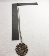 Vintage Silver Tone Filigree Pendant Necklace 26 in Curb Chain Retro Boho