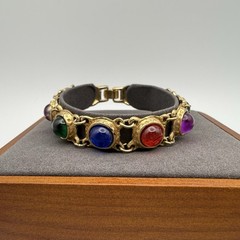 Vintage Rainbow Lucite Cabochon Gold Tone Link Bracelet Brutalist Modernist 7.5″