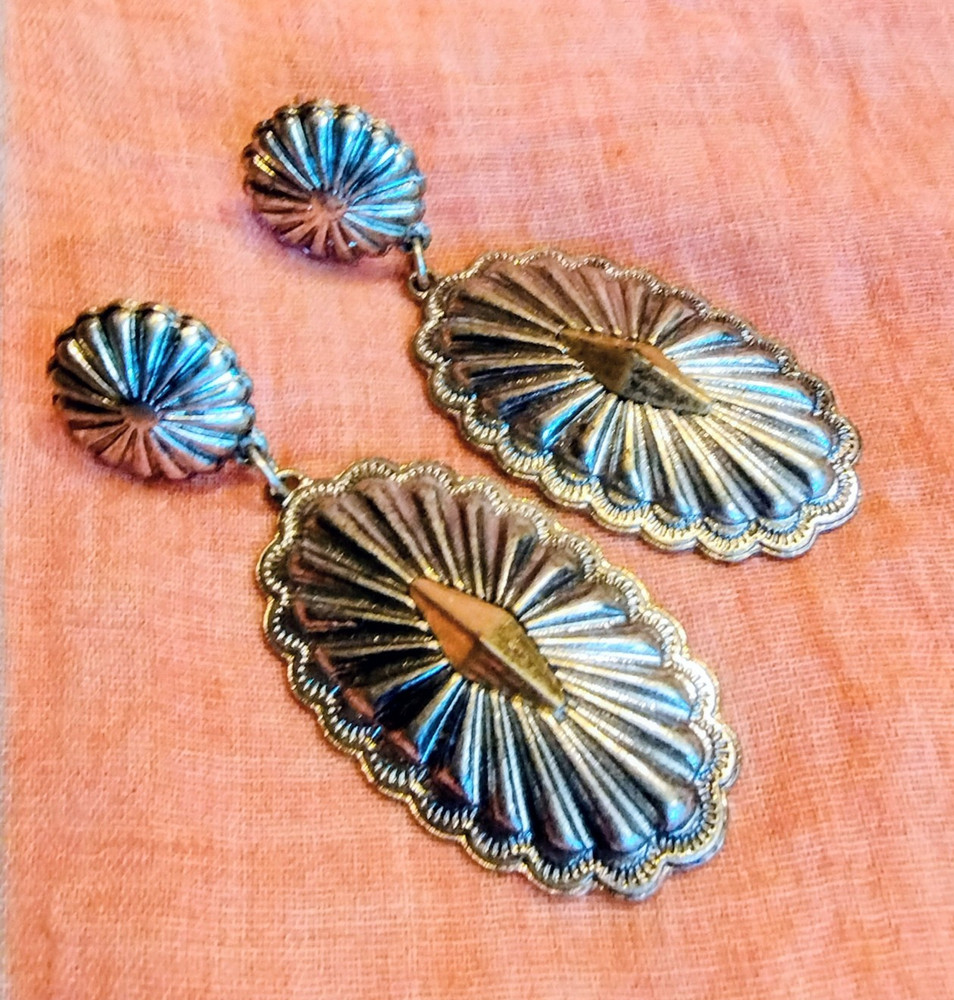 Vintage Southwestern Western Silver Brass Tone Concho Sunburst Dangle Earrings