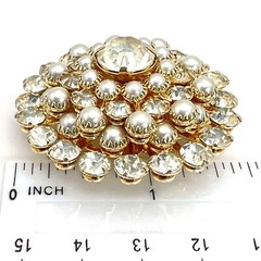 Vtg Judy Lee Domed Gold Tone Clear Frost Rhinestone Faux Pearl Round Pin Brooch