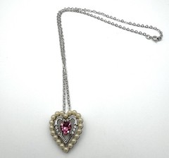 Vtg Avon Dear Triple Heart Silvertone Faux Pearls Pink Clear Rhinestone Necklace