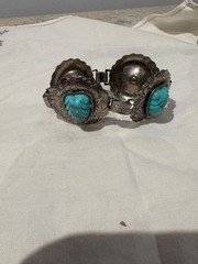 Vintage Southwestern Style Bracelet Silver Tone Metal with Carved Turquoise-Colo