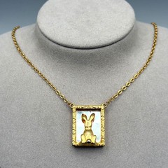 Vintage JJ Rabbit Looking In The Mirror Gold Tone Necklace Easter Spring 16″