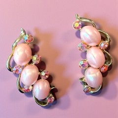 Pink Clip On Climber Earrings Signed STAR Pearl Rhinestone Vintage