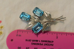 Sterling Silver Blue Crystal Rhinestone Flower Brooch and Earrings Vintage Set