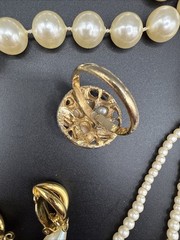 Vtg Gold Tone Faux Pearl Lot Of 7 Necklace Multi Strand Earrings Ring Unsigned