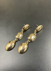 Vtg Earrings MONET Pierced Milk White Dangle Drop Yellow Gold Plate 2.75″