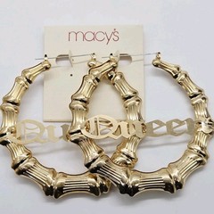 QUEEN Bamboo Hoop Earrings Pincatch 80’s Style Hip Hop Designer 3.5 in