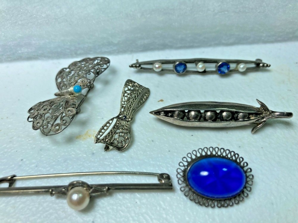 6 vintage and antique brooches, 925, 9K, 10K, plated base metal, 18.84 grams