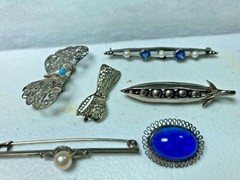 6 vintage and antique brooches, 925, 9K, 10K, plated base metal, 18.84 grams
