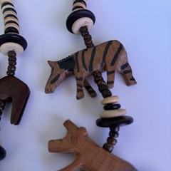 Vintage African Large Hand Carved Wooden Safari Animal Beads 30” Necklace