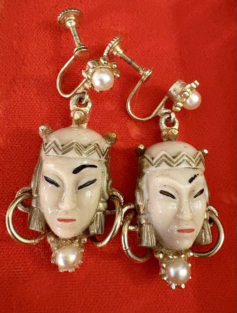 VTGE “Asian Princess” Earrings Screw Back Selro Selini Handpainted W/Faux Pearls