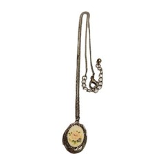 Vintage Pink Rose Resin Oval Locket Pendant Necklace Silver Tone Flower Retro