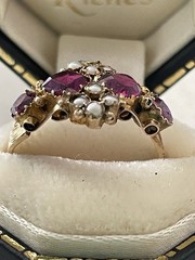 Victorian 9ct Gold Almandine Garnet and Pearl Cluster Ring
