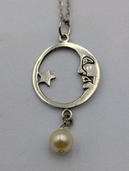 Vtg Sterling Faux Pearl Crescent Moon Man & Star Pendant 18″ Cable 925 Necklace