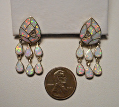 Beautiful Sterling & Opal Mosaic Pierced Earrings w Triple Drops post style