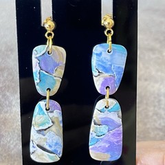 Rectangle Dangle Pierced Earrings Blue, Purple, White Swirl Glam MCM Gold Tone