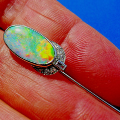 Original EARTH MINED Australian Black OPAL Art Deco DIAMOND Pin Antique PLATINUM