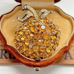 Vintage 1940’s Eisenberg Script E Signed Amber Clear Rhinestone Apple Brooch Pin
