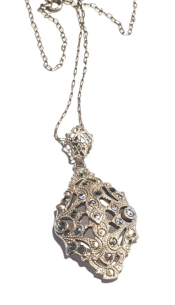 Edwardian Pendant / Necklace, Sterling Silver Filigree, Marcasites, 28 in. Chain