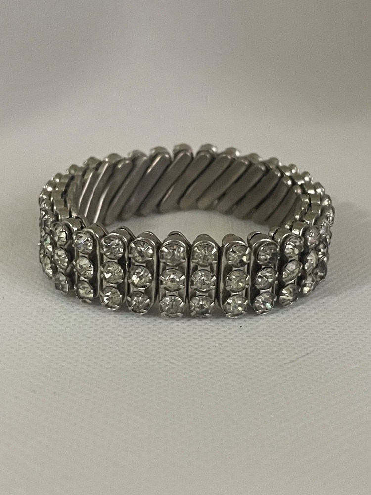 Vintage ^ 3-Row Clear Rhinestone Expansion Stretch Bracelet in Silver Tone