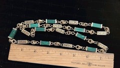 ORIENTAL Faux Jade Jadeite Necklace Vintage Square 32″ Gold Tone
