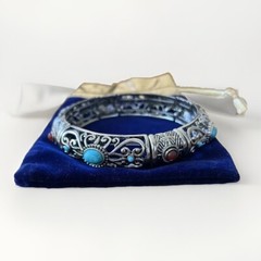 Barzel Silver Plated Stretch Cuff Bracelet Bangle Turquoise & Amber Stones Boho