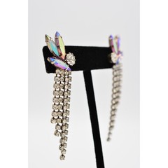 Vintage Dangle Fringe Earrings Aurora Borealis Rhinestone Crystal Marquise BinAG