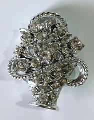 Vintage Bright Silver-tone Flower Basket Brooch w/ Sparkling White Rhinestones
