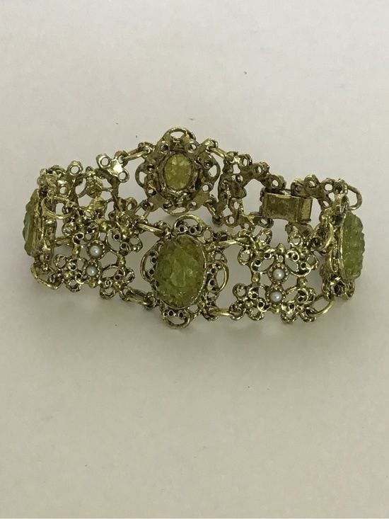 Vintage Selro Selini Style Green Stone Chip & Faux Pearl Panel Link Bracelet